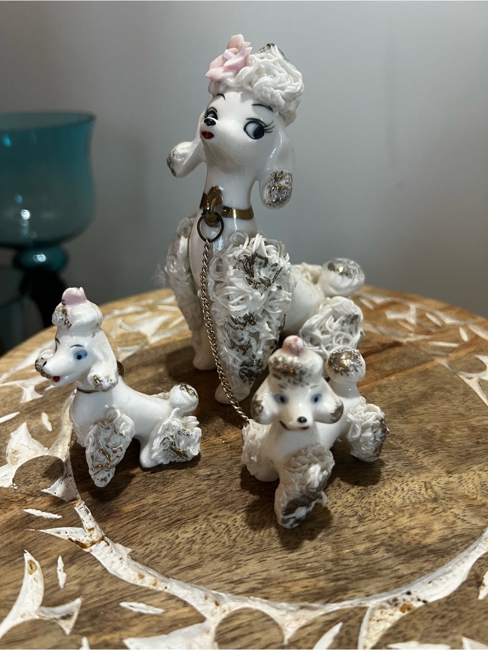 Mid Century White Ceramic Poodle Figurine Set with Pink Accents